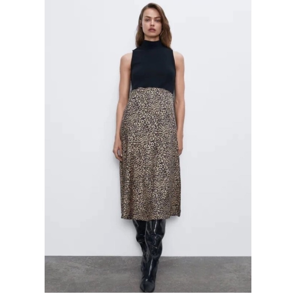 Zara Mock Neck Cheetah Print Maxi Dress
